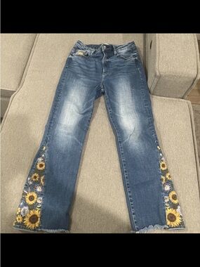 DRIFTWOOD Clara Blue Denim Flare Jeans with Sunflower Panels Size 27x27